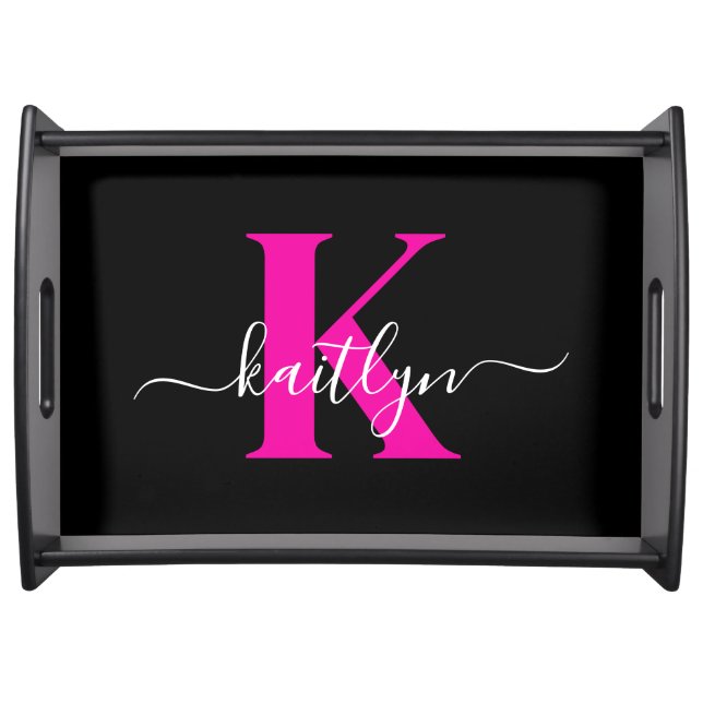 Elegant Black Hot Pink Script Monogram Serving Tray (Front)