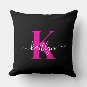 Elegant Black Hot Pink Script Monogram Throw Pillow