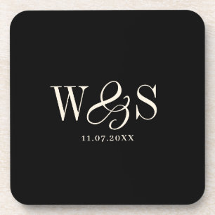 Elegant black initial wedding couples beverage coaster