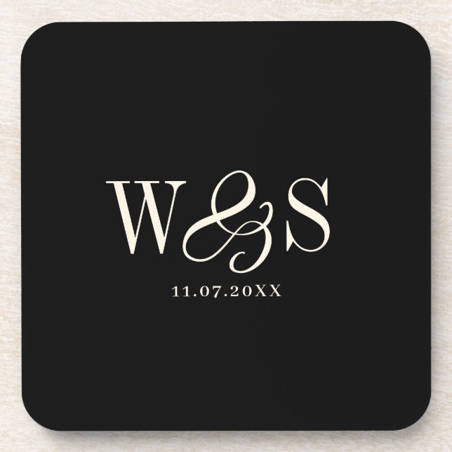 Elegant black initial wedding couples beverage coaster (Front)