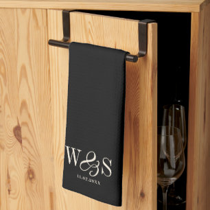 Elegant black initial wedding couples kitchen towel