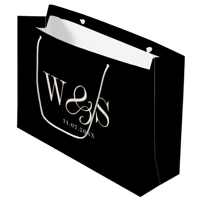 Elegant black initial wedding couples large gift bag (Front Angled)