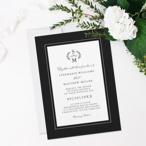 Elegant Black Initials Calligraphy Crest Wedding Invitation