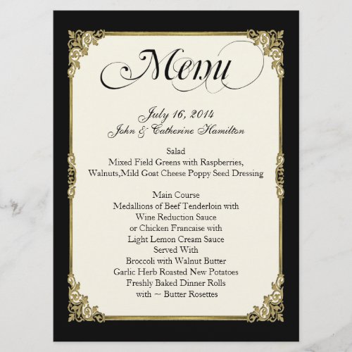 Elegant Black, Ivory, and Gold Custom Wedding Menu