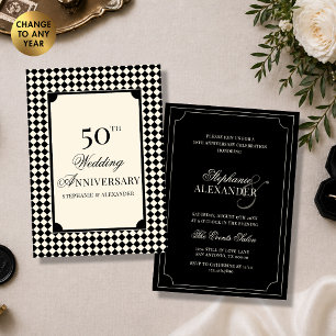 Elegant Black Ivory Checkered Wedding Anniversary Invitation