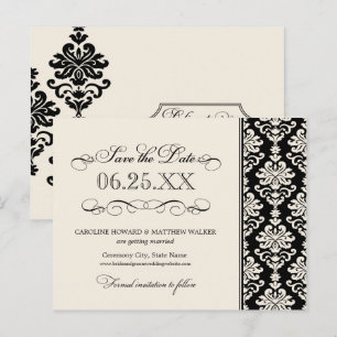 Elegant Black Ivory Damask Scrollwork Wedding Announcement Postcard