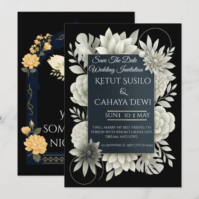 Elegant Black & Ivory Floral Wedding Invitation  (Front/Back)