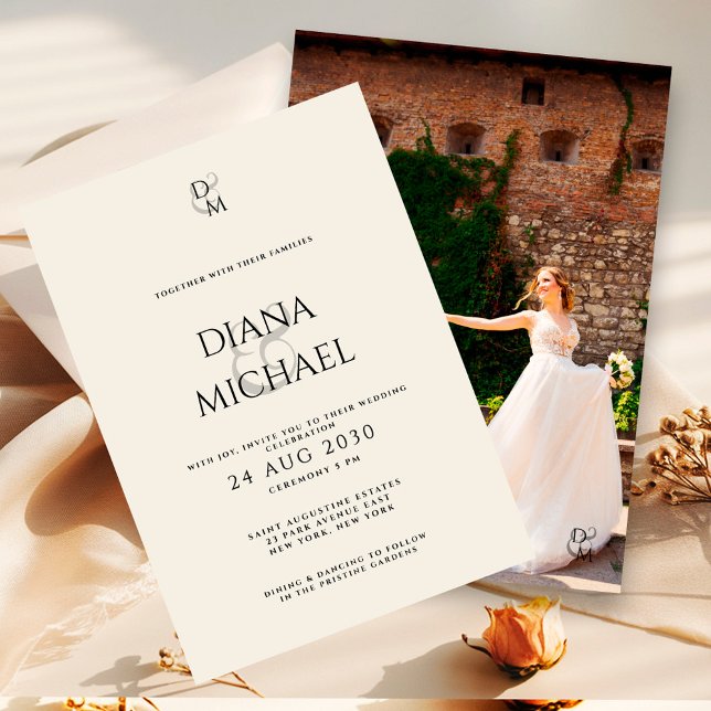 Elegant Black & Ivory Monogram Wedding Photo Invitation (Creator Uploaded)