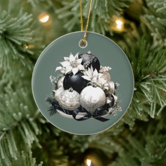 Elegant black ivory sage green Christmas ornament