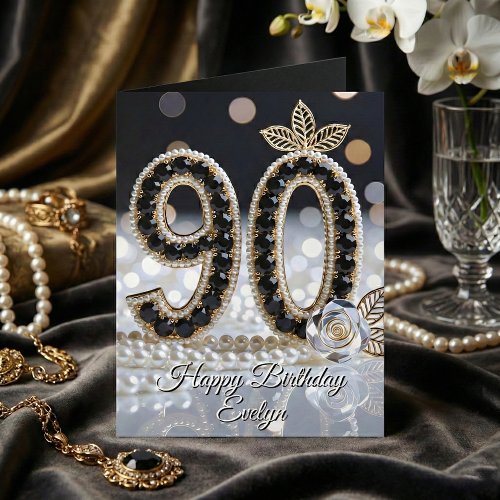 Elegant Black Jewels Pearls And Gold 90th Birthday