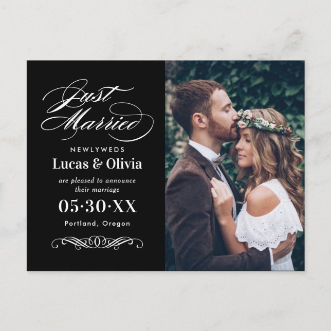 Elegant Black Just Married Photo Announcement Postcard (Front)