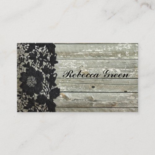 Elegant black lace pattern on grey barn board business cards