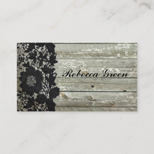 Customizable Elegant black lace pattern on grey barn board business cards