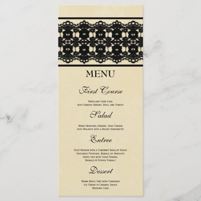Elegant black lace custom wedding food menu (Front)