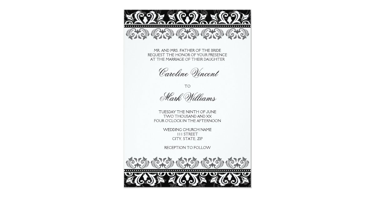Elegant black lace damask wedding invitation | Zazzle