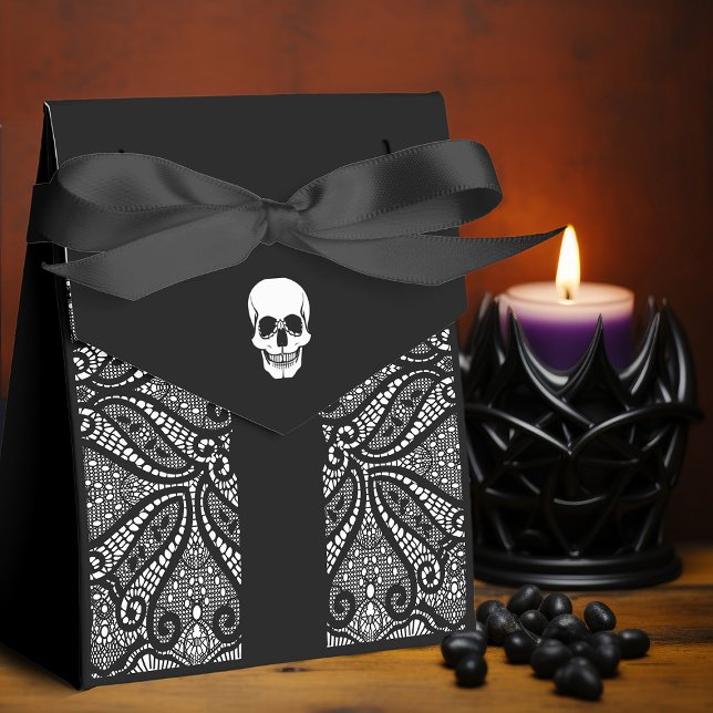 Elegant Black Lace Gothic Skull Hallowedding Favor Boxes (Gothic Halloween wedding favor packaging: Elegant black & white lace pattern with skull and ribbon.)