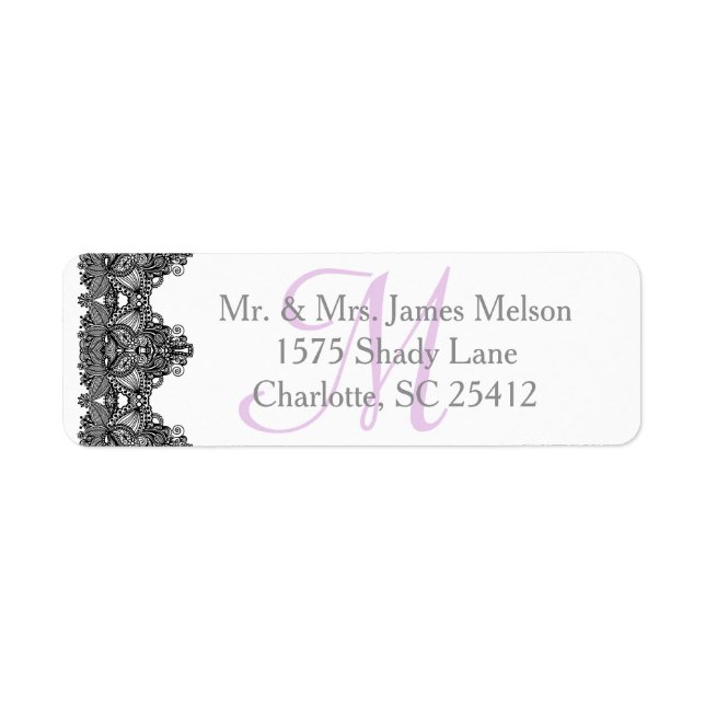 Elegant Black Lace Monogram Wedding Suite Label (Front)