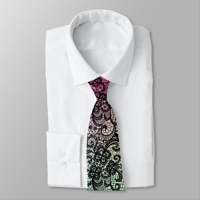 Elegant Black Lace On Gradient Pink and Green Neck Tie (Tied)