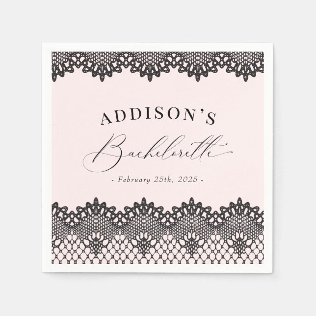 Elegant Black Lace Pink Bachelorette Party Napkins (Front)