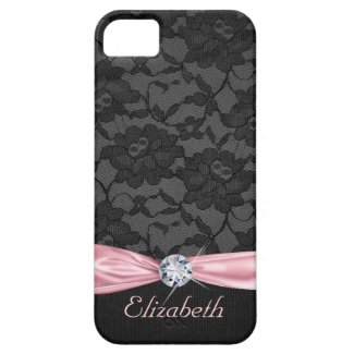 Elegant Black Lace Pink Satin Ribbon and Diamond iPhone 5 Covers