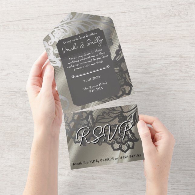 Elegant Black Lace Wedding All In One Invitation (Tearaway)