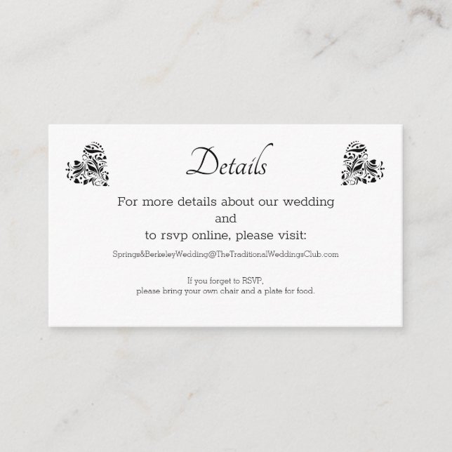 Elegant Black Lace Wedding Details Enclosure Card (Front)