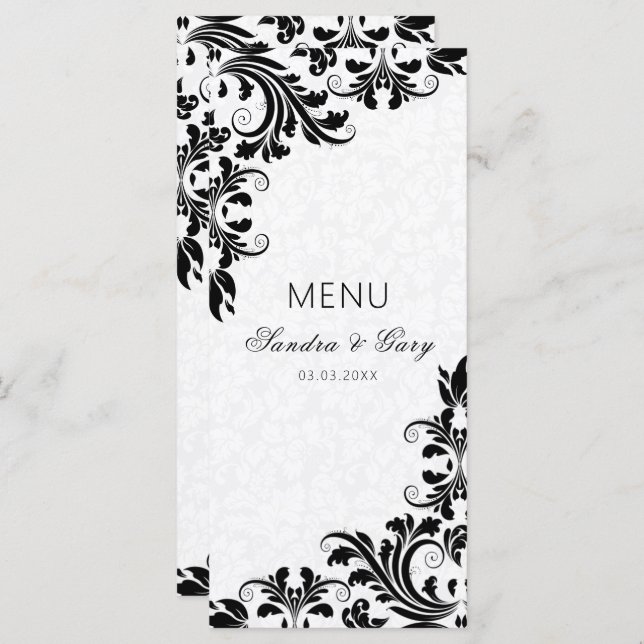 Elegant Black Lace White Damasks  Menu (Front/Back)