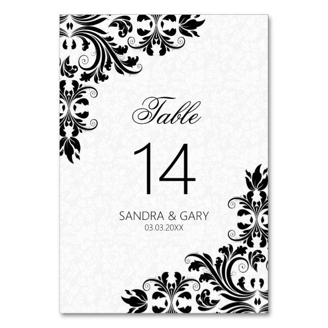 Elegant Black Lace White Damasks Table Number (Front)
