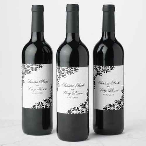 Elegant Black Lace White Damasks Wine Label