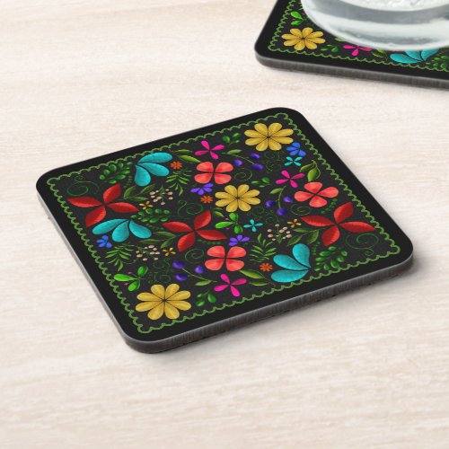Elegant Black  Latin American Folk Floral Beverage Coaster