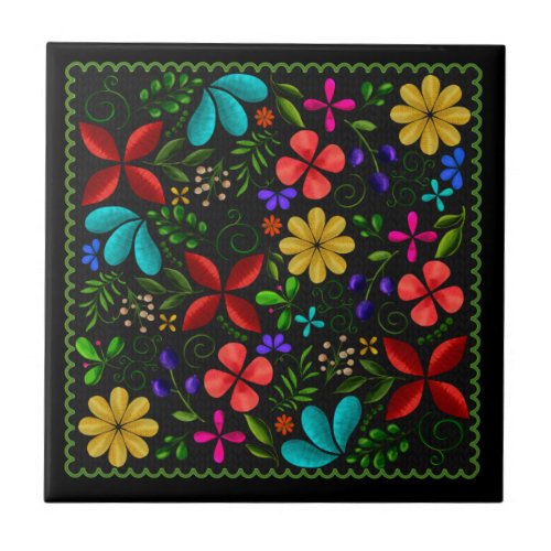 Elegant Black  Latin American Folk Floral Ceramic Tile
