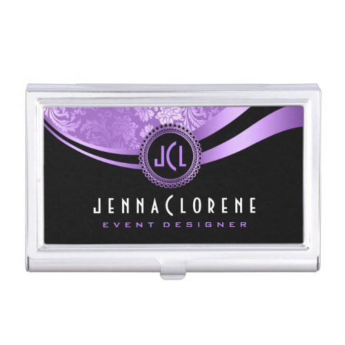 Elegant Black  Lavender Geometric Design Business Card Holder