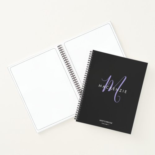 Elegant Black Lavender Script Monogram Sketchbook Notebook