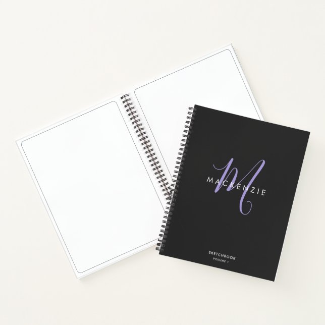 Elegant Black Lavender Script Monogram Sketchbook Notebook (Inside)