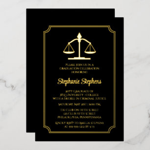Elegant Black Law Attorney Graduation Party Foil Invitation