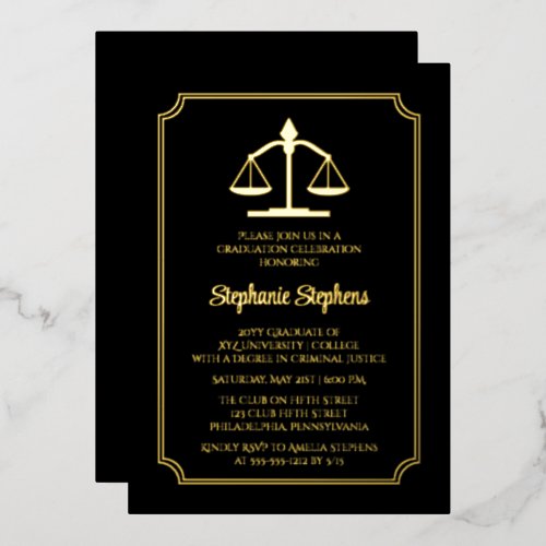 Elegant Black Law Attorney Graduation Party Foil Invitation