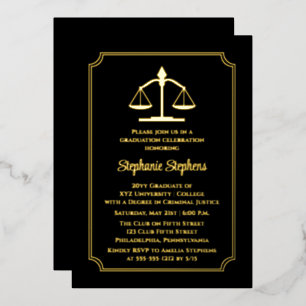 Elegant Black Law Attorney Graduation Party Foil Invitation