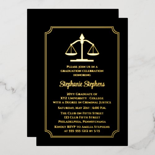 Elegant Black Law Attorney Graduation Party Foil Invitation