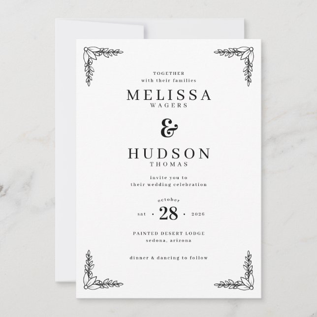 Elegant Black Leafy Branches Invitation (Front)