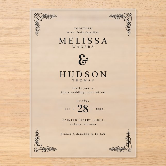 Elegant Black Leafy Vines Acrylic Invitations (Front)