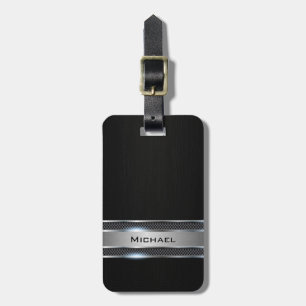 Elegant Black Leather and Silver Metal Label Look Luggage Tag
