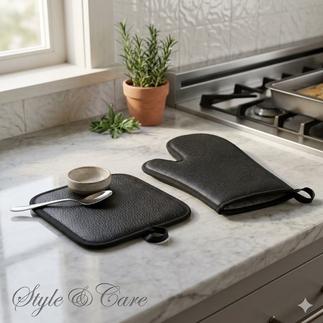 Elegant Black Leather Finish Texture Oven Mitt & Pot Holder Set (Elegant Black Leather Finish Texture Oven Mitt & Pot Holder Set)