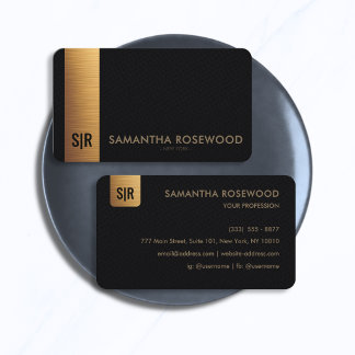 Elegant Black Leather & Gold Bar Monogram Business Card