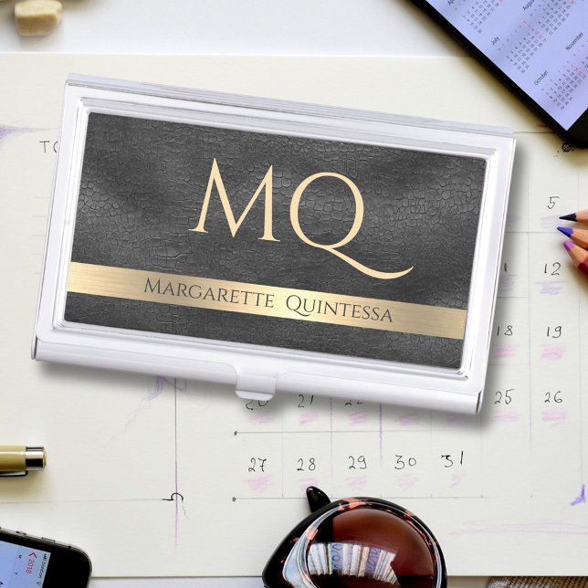 Elegant Black Leather Gold Monogram Stylish Name Business Card Case (Creator Uploaded)