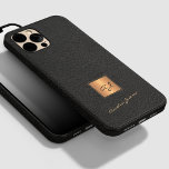 Elegant black leather gold monogrammed script name Case-Mate iPhone 14 pro case<br><div class="desc">Trendy luxury exclusive looking monogrammed iPhone case featuring a faux gold square over a stylish classy black leather looking (PRINTED,  NOT REAL LEATHER TEXTURE) background.             Personalize it with your white script signature name and monogram name initials.</div>