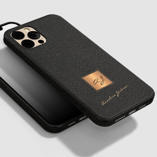 Elegant black leather gold monogrammed script name Case-Mate iPhone 14 pro case