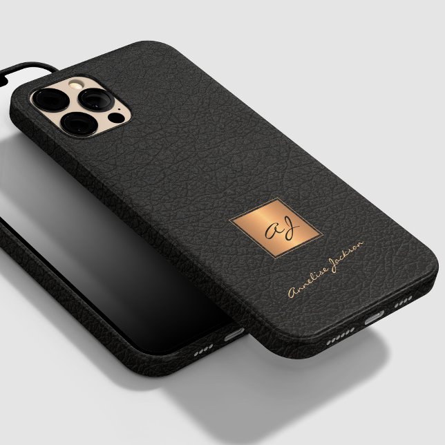 Elegant black leather gold monogrammed script name Case-Mate iPhone case (Creator Uploaded)