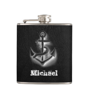 Elegant black leather look classy anchor nautical flask