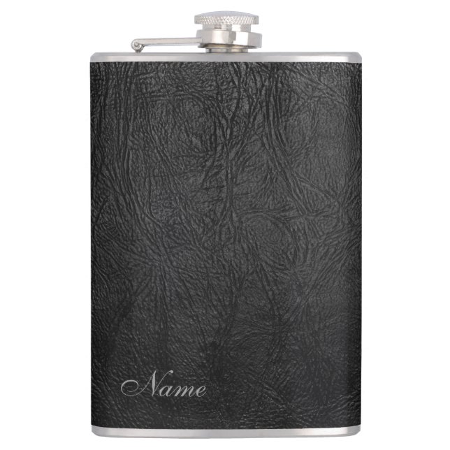 Elegant black leather look  personalized hip flask (Front)