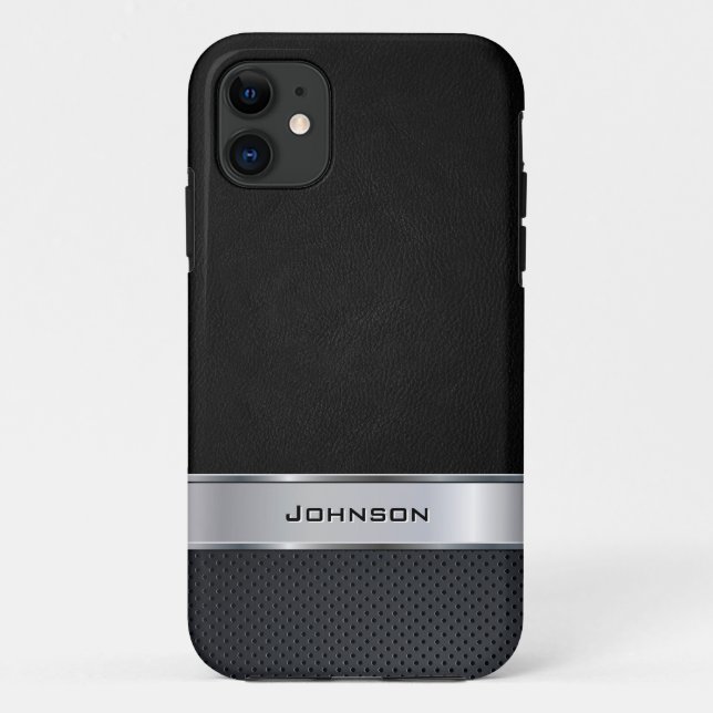 Elegant Black Leather Look with Silver Metal Label Case-Mate iPhone Case (Back)